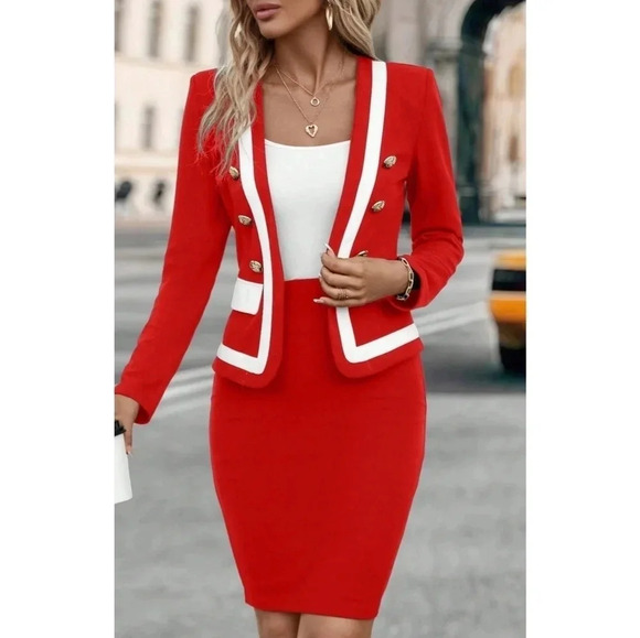 Women's Contrast Color Double-Breasted Coat And Solid Color Skirt Two-Piece Set - Picture 1 of 6